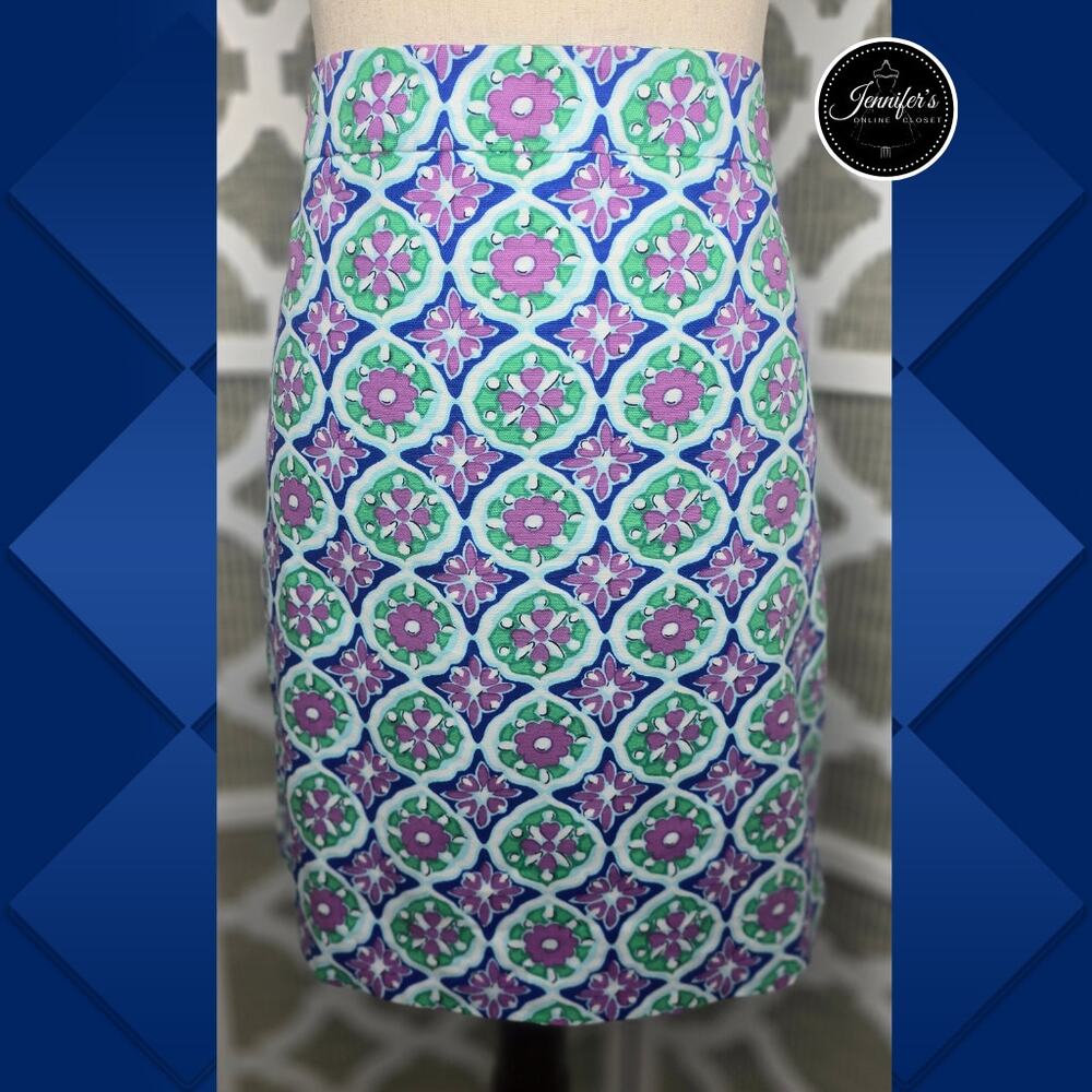Talbots Blue Green White Medallion Canvas A-Line Skirt Size 8